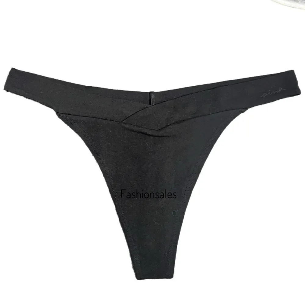 Victorias Secret Pink Soft Cotton Thong Panty Script Logo Black